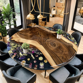 Round Live Edge Walnut & Epoxy Resin Dining Table with Botanical Inlay Handcrafted Statement Piece